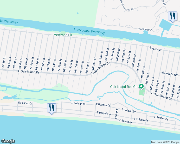 map of restaurants, bars, coffee shops, grocery stores, and more near 2107 East Oak Island Drive in Oak Island