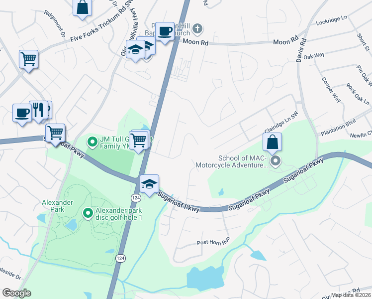 map of restaurants, bars, coffee shops, grocery stores, and more near 1106 Scenic Park Trail Southwest in Lawrenceville
