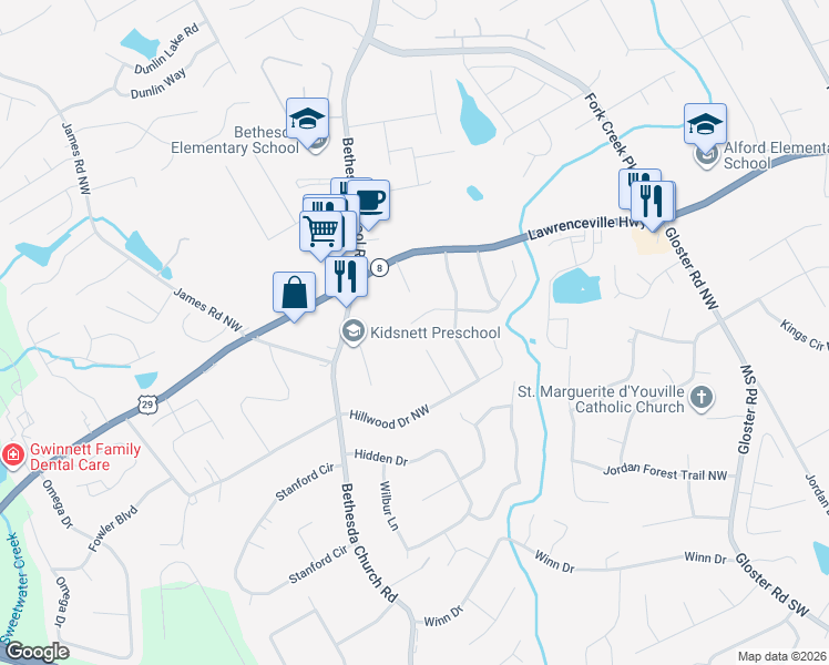 map of restaurants, bars, coffee shops, grocery stores, and more near 3010 Creekwood Lane Northwest in Lawrenceville