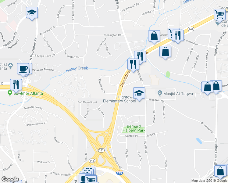 map of restaurants, bars, coffee shops, grocery stores, and more near 2379 Ridgeway Drive in Atlanta
