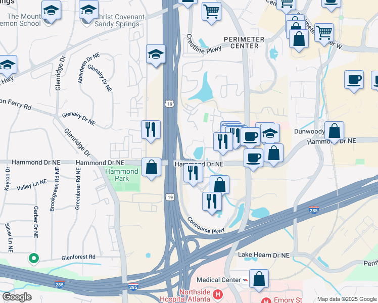 map of restaurants, bars, coffee shops, grocery stores, and more near 912 Hammond Drive in Atlanta