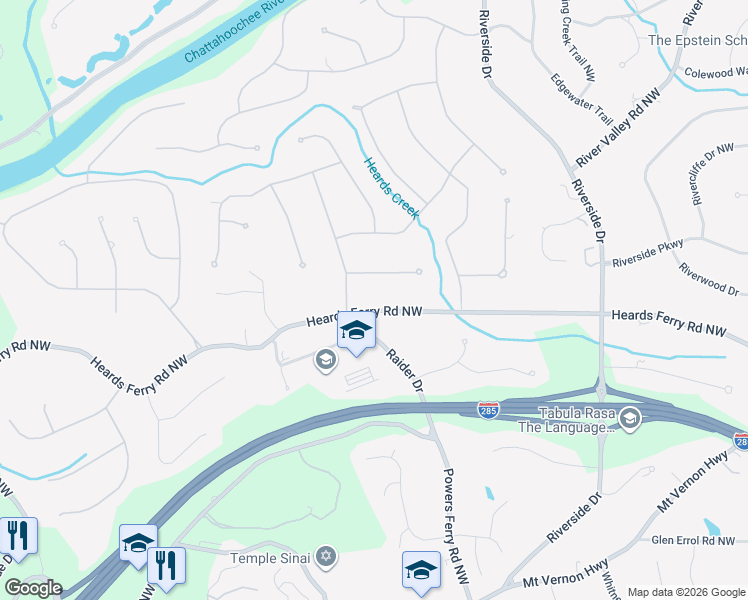 map of restaurants, bars, coffee shops, grocery stores, and more near 921 Heards Ferry Road Northwest in Sandy Springs