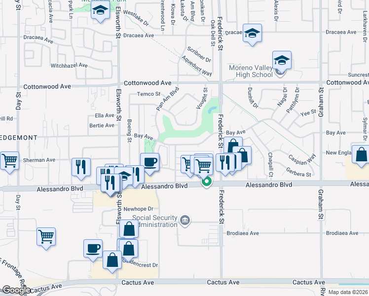 map of restaurants, bars, coffee shops, grocery stores, and more near 22827 Bay Avenue in Moreno Valley
