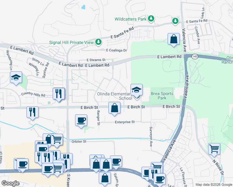 map of restaurants, bars, coffee shops, grocery stores, and more near 149 Bluegrass Street in Brea