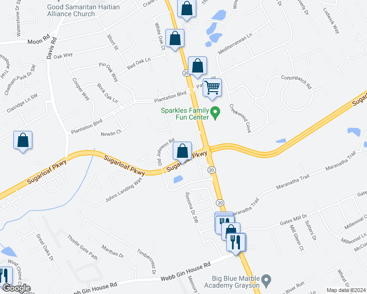 map of restaurants, bars, coffee shops, grocery stores, and more near 795 Old Johnson Road in Lawrenceville