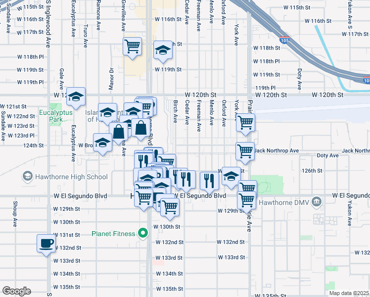 map of restaurants, bars, coffee shops, grocery stores, and more near in Hawthorne
