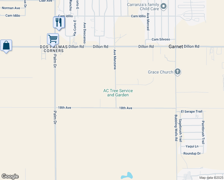 map of restaurants, bars, coffee shops, grocery stores, and more near 17755 Avenue Manzana in Desert Hot Springs