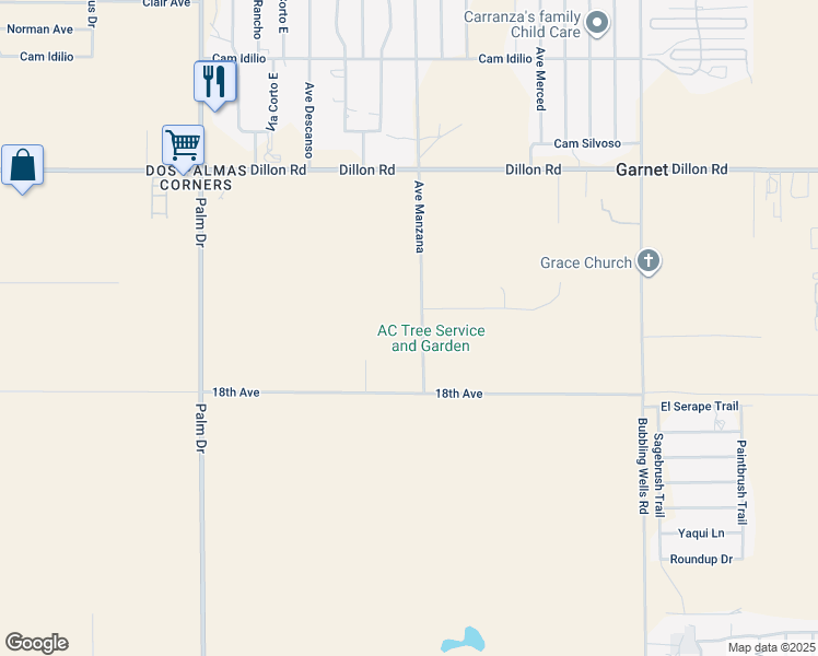 map of restaurants, bars, coffee shops, grocery stores, and more near 17755 Avenue Manzana in Desert Hot Springs