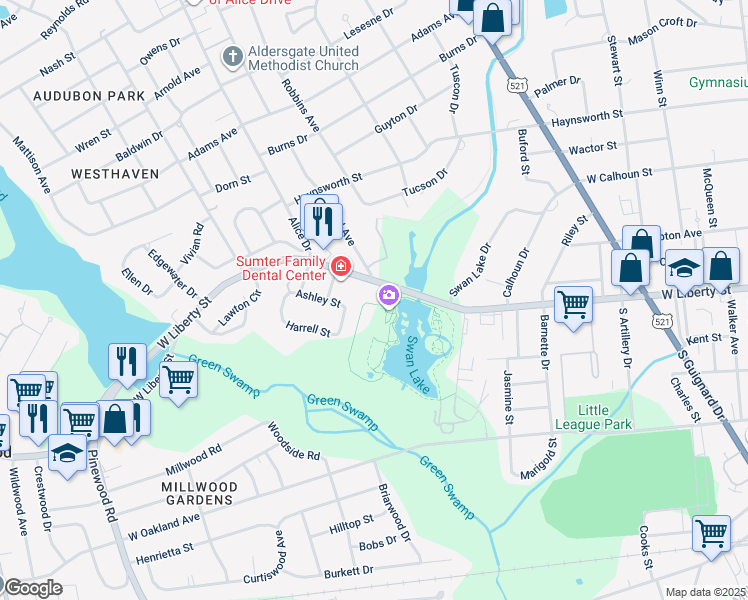 map of restaurants, bars, coffee shops, grocery stores, and more near 822 West Liberty Street in Sumter