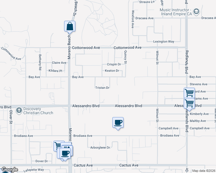 map of restaurants, bars, coffee shops, grocery stores, and more near 13845 Roderick Drive in Moreno Valley