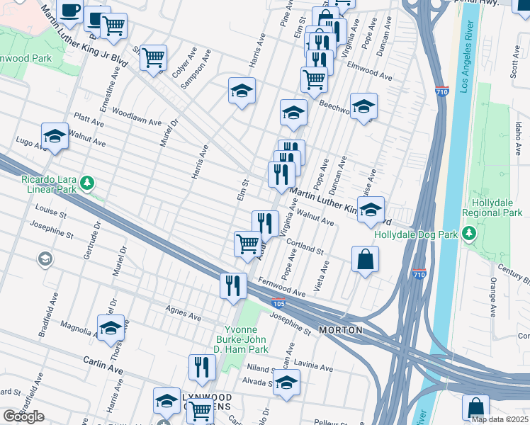 map of restaurants, bars, coffee shops, grocery stores, and more near 11560 Atlantic Avenue in Lynwood