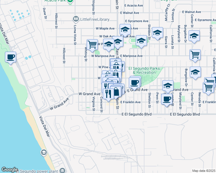 map of restaurants, bars, coffee shops, grocery stores, and more near 333 Richmond Street in El Segundo