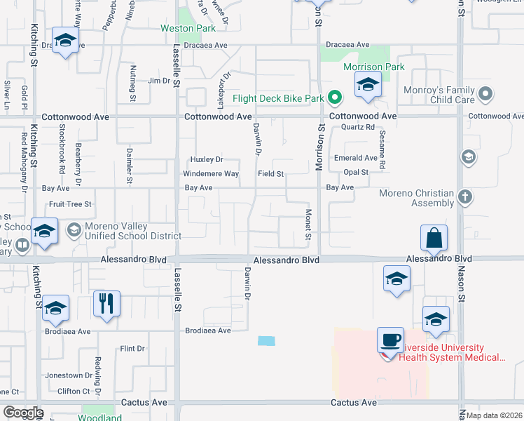 map of restaurants, bars, coffee shops, grocery stores, and more near 26323 Okeefe Lane in Moreno Valley