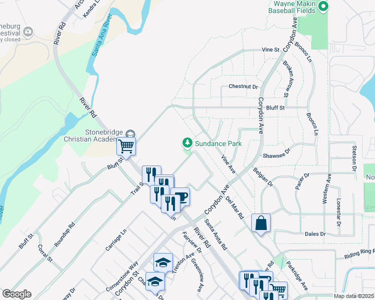 map of restaurants, bars, coffee shops, grocery stores, and more near 4047 Sundance Lane in Norco