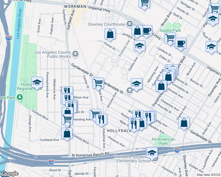 map of restaurants, bars, coffee shops, grocery stores, and more near 5968 Gardendale Street in South Gate