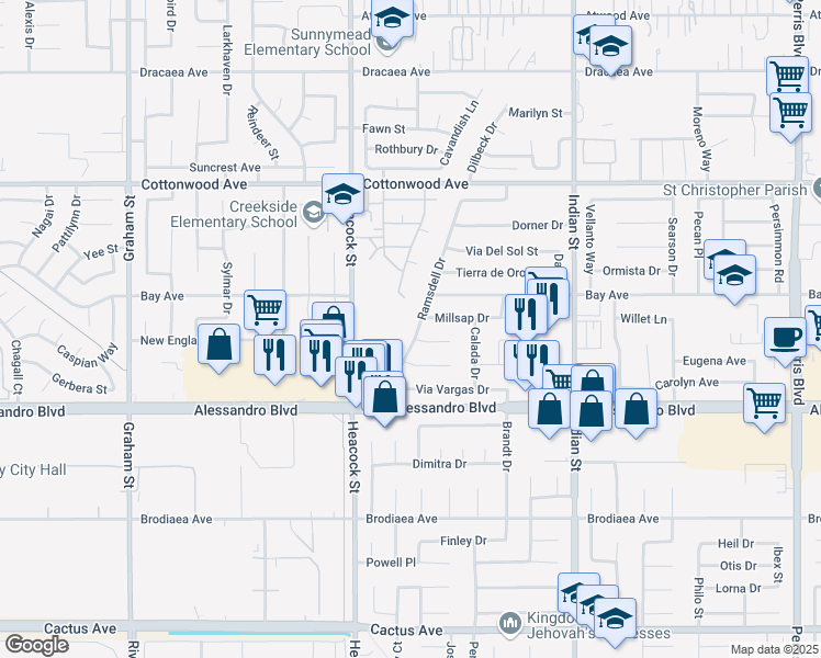 map of restaurants, bars, coffee shops, grocery stores, and more near 13821 Ramsdell Drive in Moreno Valley