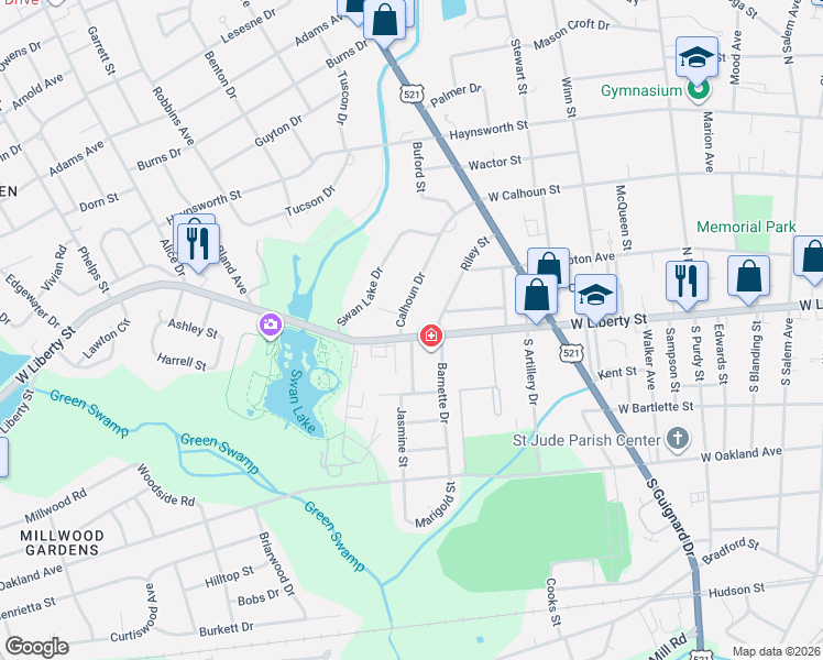 map of restaurants, bars, coffee shops, grocery stores, and more near 3 Calhoun Drive in Sumter