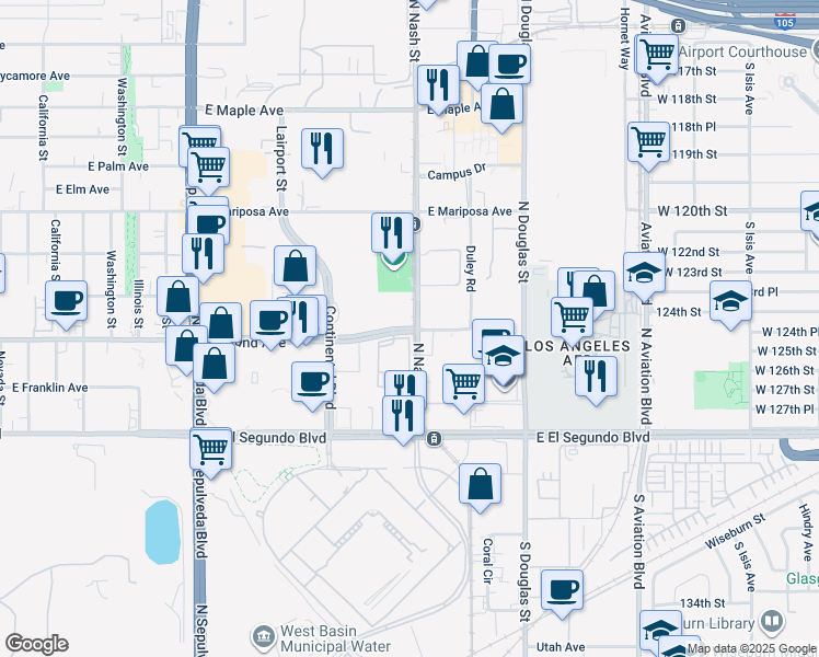 map of restaurants, bars, coffee shops, grocery stores, and more near 2151 East Grand Avenue in El Segundo