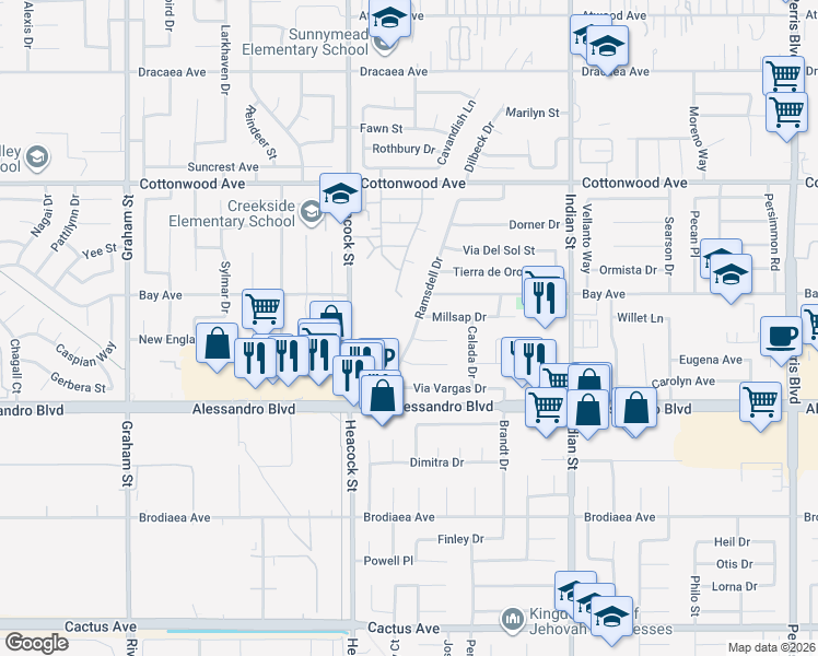 map of restaurants, bars, coffee shops, grocery stores, and more near 13821 Ramsdell Drive in Moreno Valley