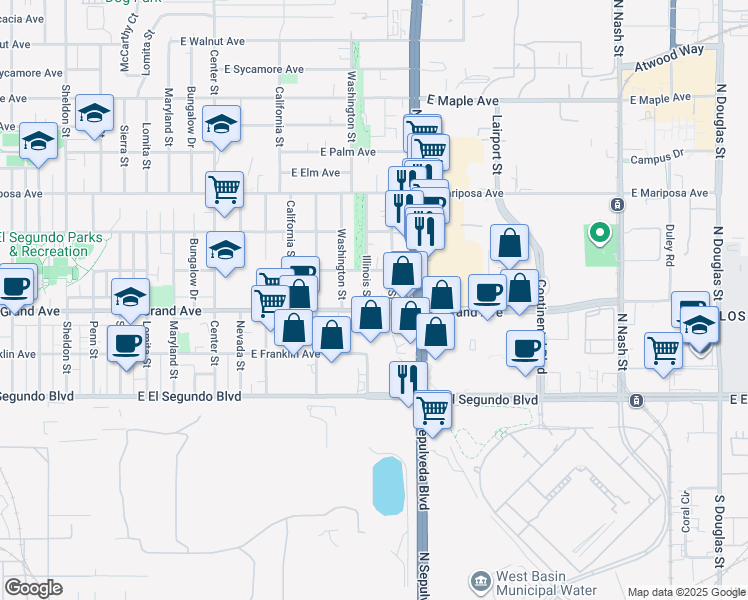 map of restaurants, bars, coffee shops, grocery stores, and more near 1771 East Grand Avenue in El Segundo