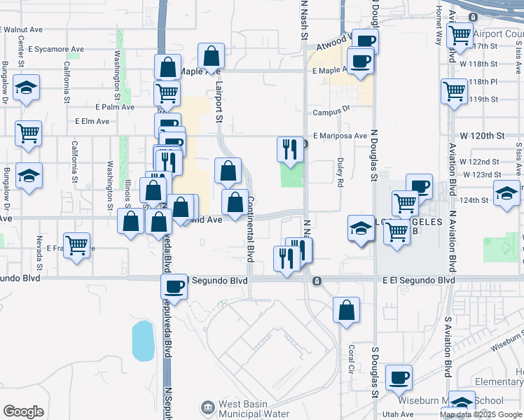 map of restaurants, bars, coffee shops, grocery stores, and more near 300 Continental Boulevard in El Segundo