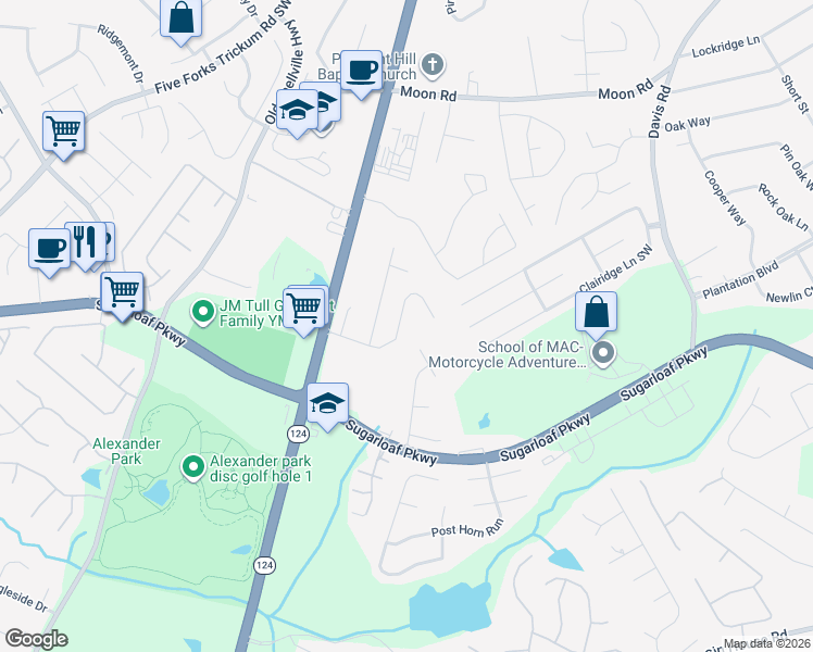 map of restaurants, bars, coffee shops, grocery stores, and more near 1106 Scenic Park Trail Southwest in Lawrenceville