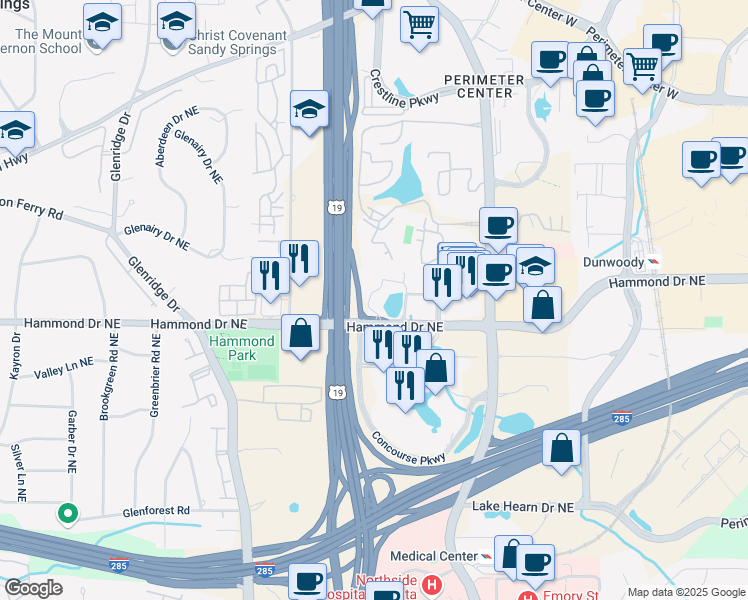 map of restaurants, bars, coffee shops, grocery stores, and more near 990 Hammond Drive in Atlanta