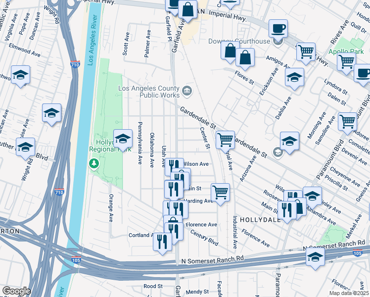 map of restaurants, bars, coffee shops, grocery stores, and more near 11800 Garfield Avenue in South Gate