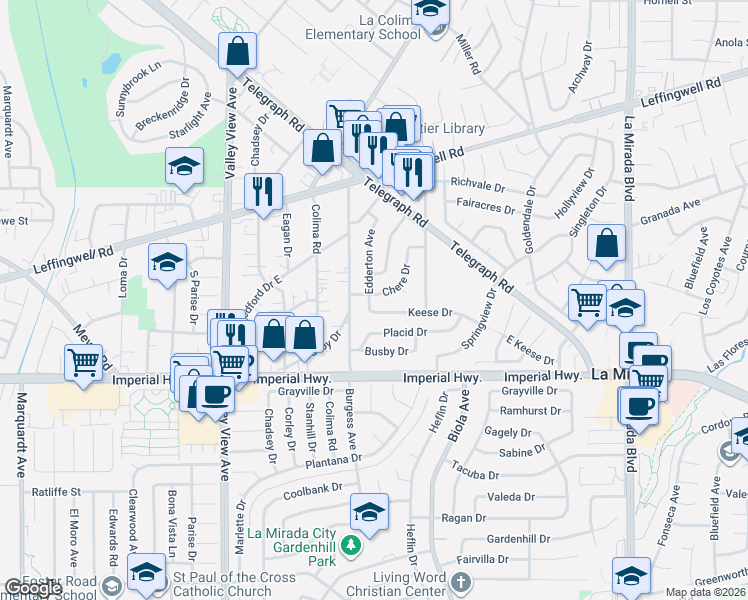 map of restaurants, bars, coffee shops, grocery stores, and more near 14428 Chere Drive in Whittier