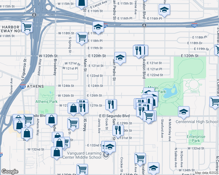 map of restaurants, bars, coffee shops, grocery stores, and more near 244 East 124th Street in Los Angeles
