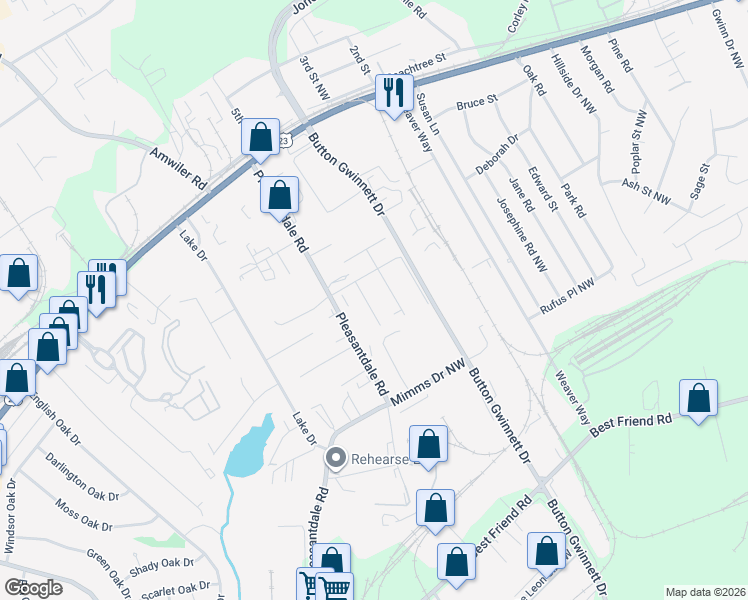 map of restaurants, bars, coffee shops, grocery stores, and more near 6441 Elrod Street Northwest in Doraville