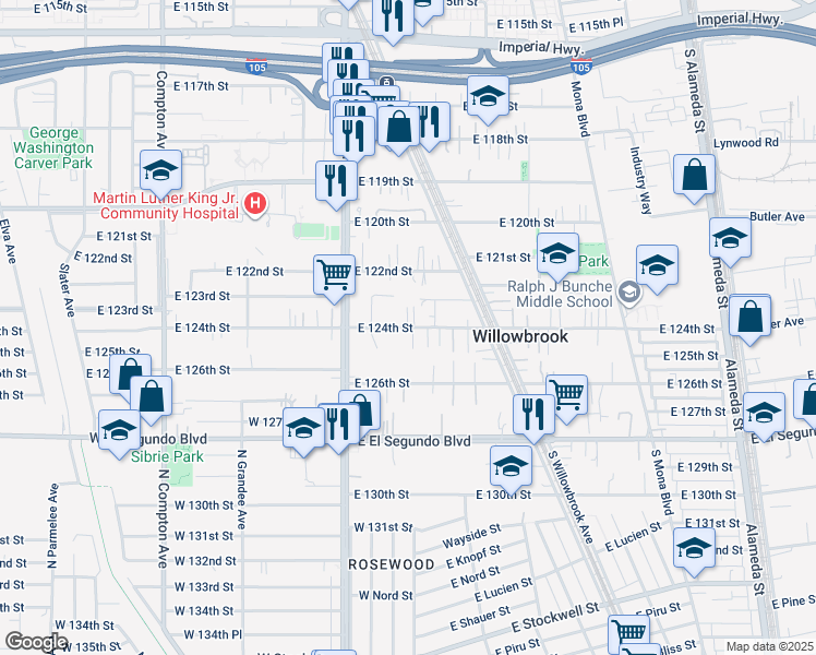 map of restaurants, bars, coffee shops, grocery stores, and more near East 124th Street in Compton