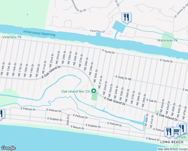 map of restaurants, bars, coffee shops, grocery stores, and more near 114 Northeast 30th Street in Oak Island
