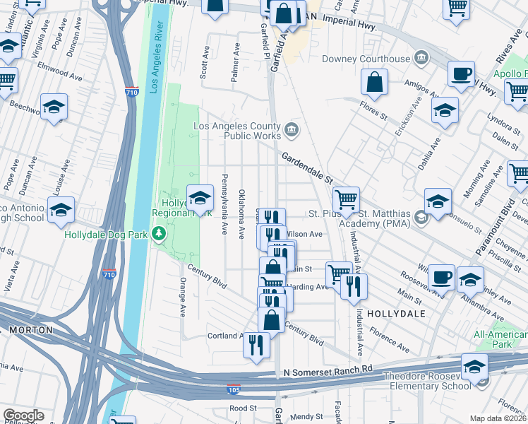 map of restaurants, bars, coffee shops, grocery stores, and more near 5650 McKinley Avenue in South Gate