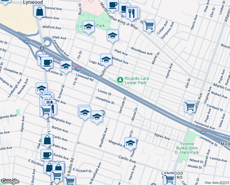 map of restaurants, bars, coffee shops, grocery stores, and more near 12106 2nd Avenue in Lynwood