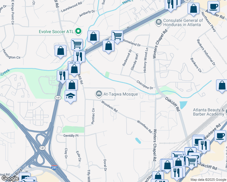 map of restaurants, bars, coffee shops, grocery stores, and more near 2723 Beacon Drive in Doraville