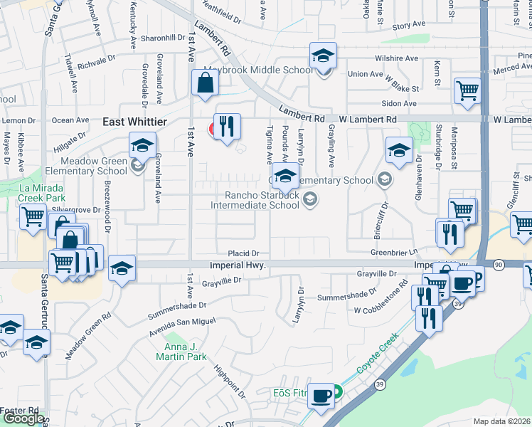 map of restaurants, bars, coffee shops, grocery stores, and more near 12215 Tigrina Avenue in Whittier