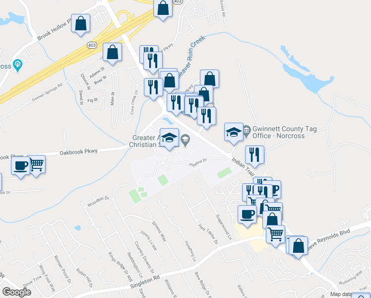 map of restaurants, bars, coffee shops, grocery stores, and more near 1575 Indian Trail Lilburn Road Northwest in Norcross