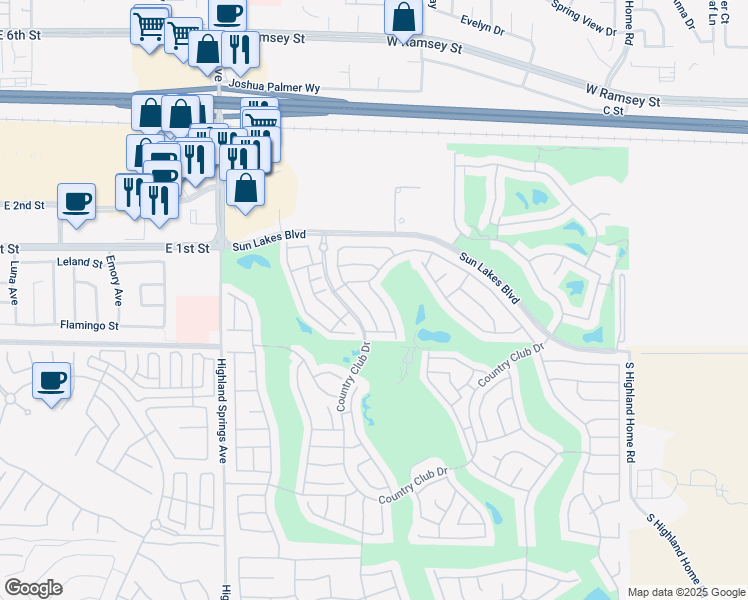 map of restaurants, bars, coffee shops, grocery stores, and more near 663 Torrey Pines Road in Banning