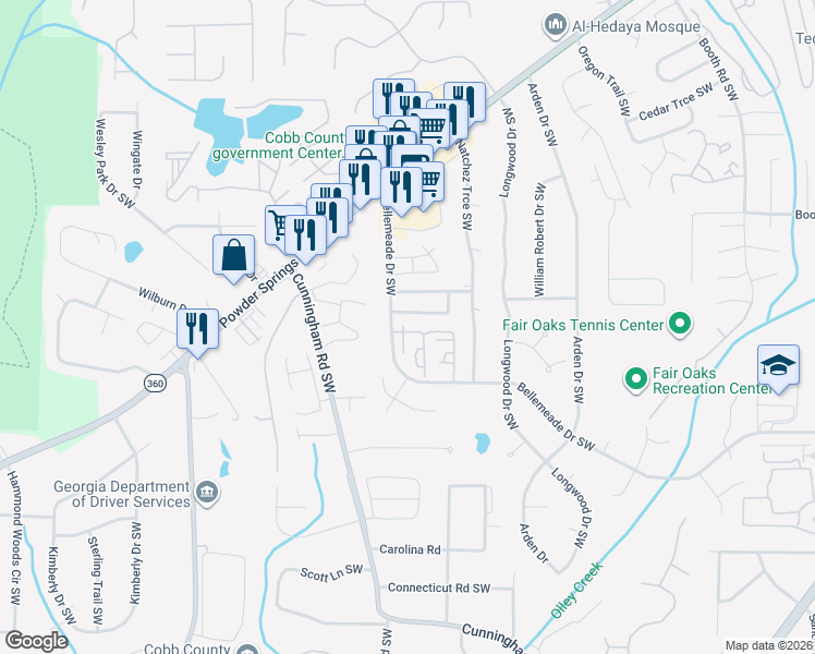 map of restaurants, bars, coffee shops, grocery stores, and more near 1394 Old Coach Road Southwest in Marietta