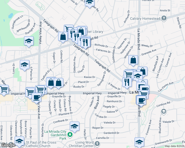 map of restaurants, bars, coffee shops, grocery stores, and more near 14625 Keese Drive in Whittier