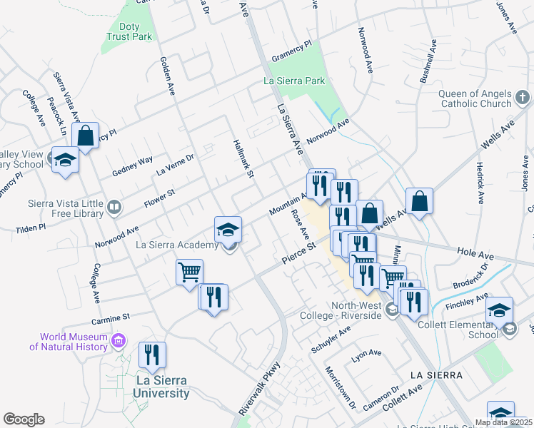 map of restaurants, bars, coffee shops, grocery stores, and more near 11224 Mountain Avenue in Riverside