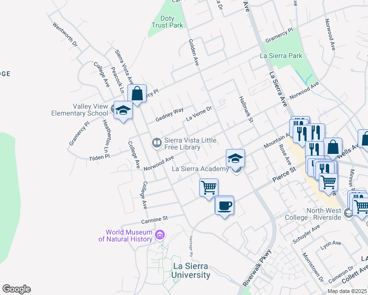 map of restaurants, bars, coffee shops, grocery stores, and more near 11481 Norwood Avenue in Riverside