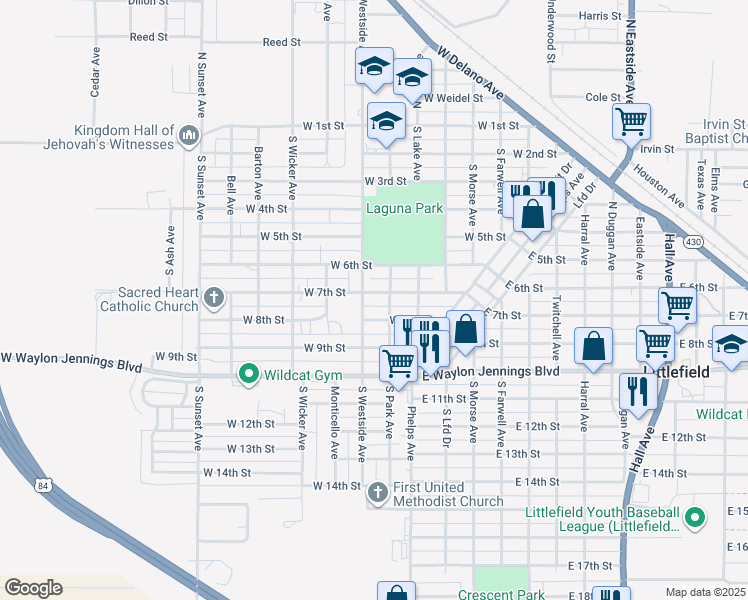 map of restaurants, bars, coffee shops, grocery stores, and more near 805 West 8th Street in Littlefield