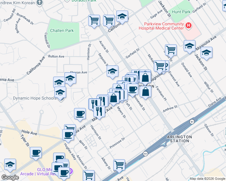 map of restaurants, bars, coffee shops, grocery stores, and more near 3882 Taft Street in Riverside