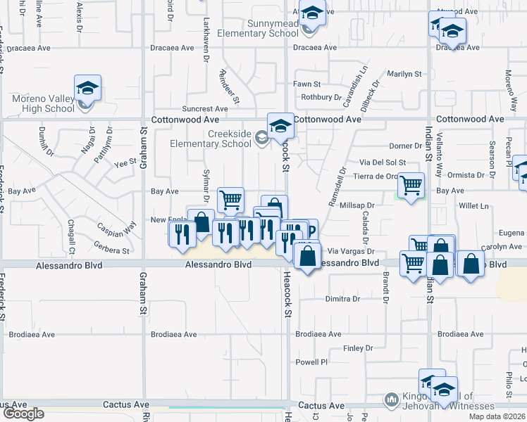 map of restaurants, bars, coffee shops, grocery stores, and more near 23945 Bay Avenue in Moreno Valley