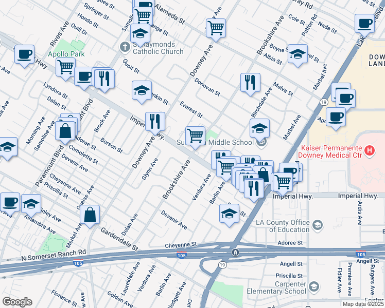 map of restaurants, bars, coffee shops, grocery stores, and more near Imperial Hwy & Brookshire Ave in Downey