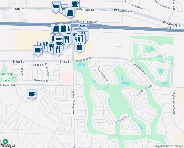 map of restaurants, bars, coffee shops, grocery stores, and more near 500-614 La Costa Drive in Banning