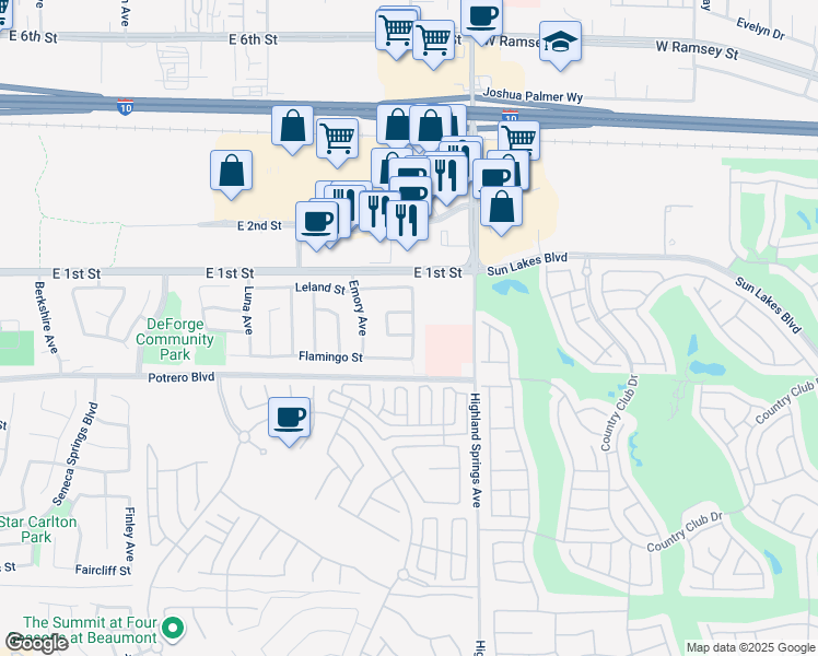 map of restaurants, bars, coffee shops, grocery stores, and more near 1594 Leslie Street in Beaumont
