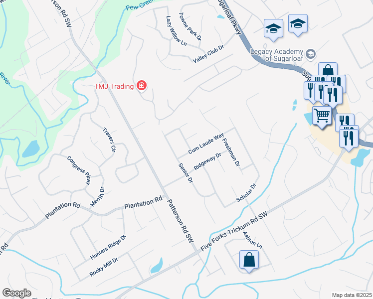 map of restaurants, bars, coffee shops, grocery stores, and more near 401 Sophomore Lane in Lawrenceville